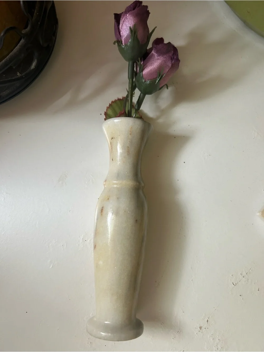 Purple Silk Rose Buds in Ivory Marble-Look Vase - Home Accent